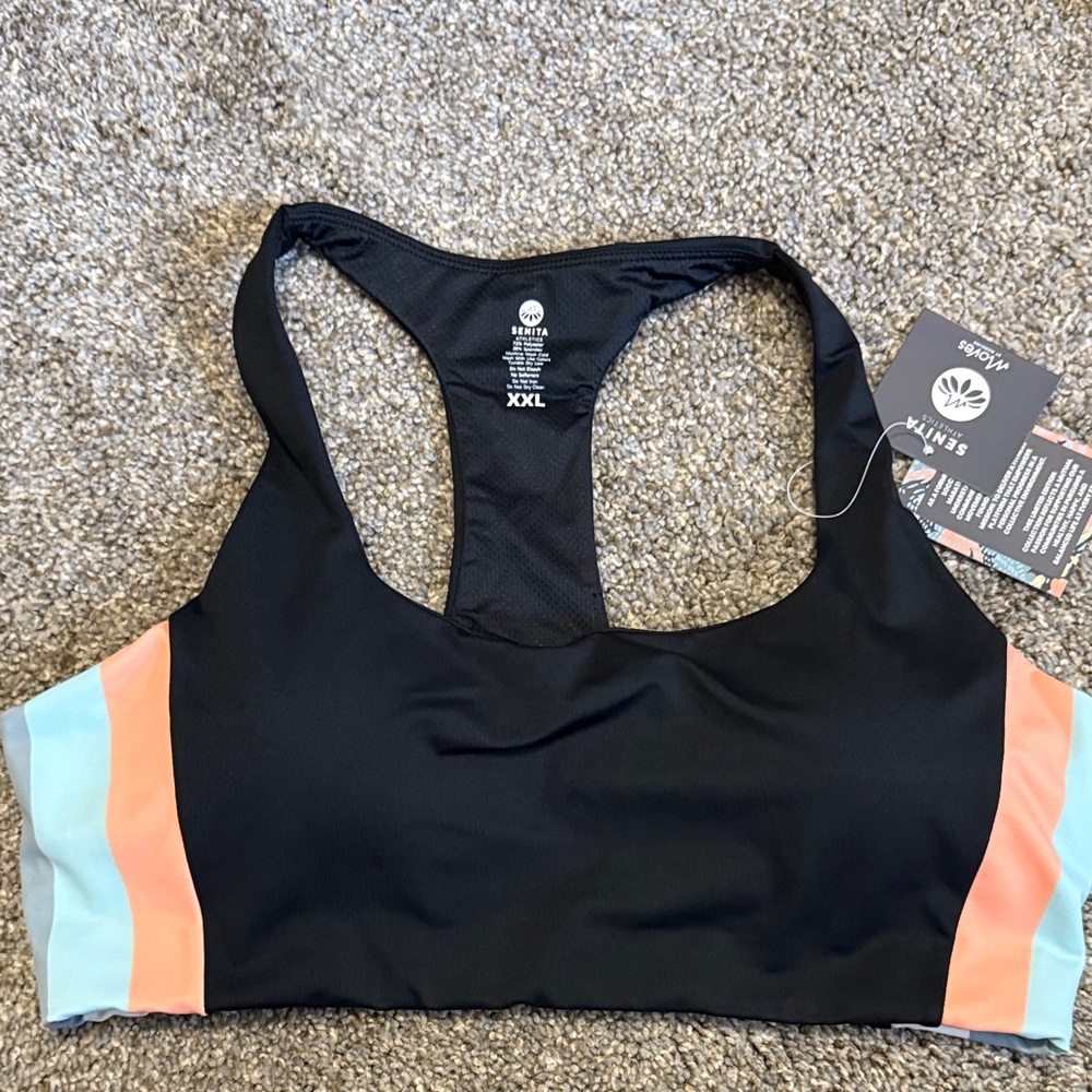 NWT Senita Athletics Black Bra with Pastel Blue and Peach Accents XXL